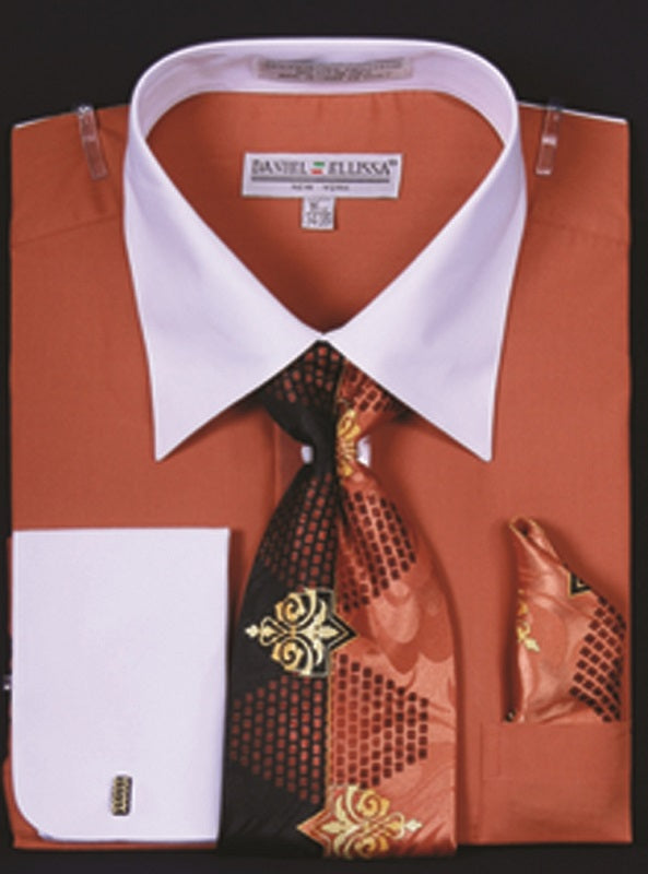 Men's Rust White Collar French Cuff Dress Shirt Tie Set DE DS3006WTPRT