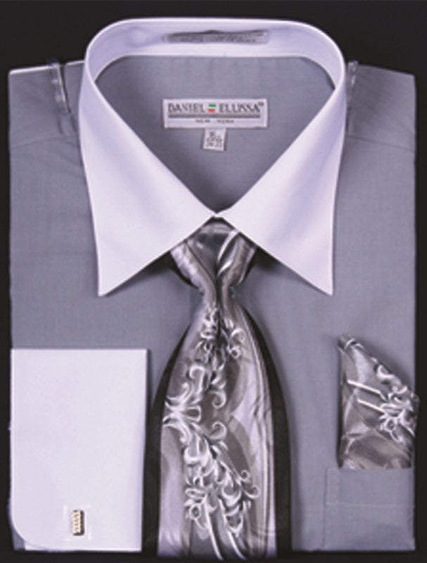 Men's Silver White Collar French Cuff Dress Shirt Tie Set DE DS3006WTPRT