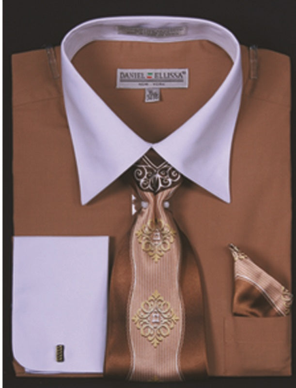 Men's Tan Two Tone French Cuff Dress Shirt Tie Set DE DS3006WTPRT
