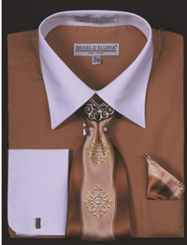 Men's Tan Two Tone French Cuff Dress Shirt Tie Set de DS3006WTPRT