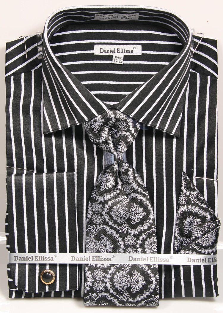 Black White Stripe French Cuff Dress Shirt Tie Set Daniel Ellissa DS3793P2