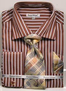 Men's Brown Stripe French Cuff Dress Shirt Tie Set Daniel Ellissa DS3793P2