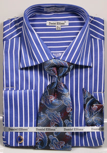Men's Royal White Stripe French Cuff Dress Shirt Tie Set Daniel Ellissa DS3793P2