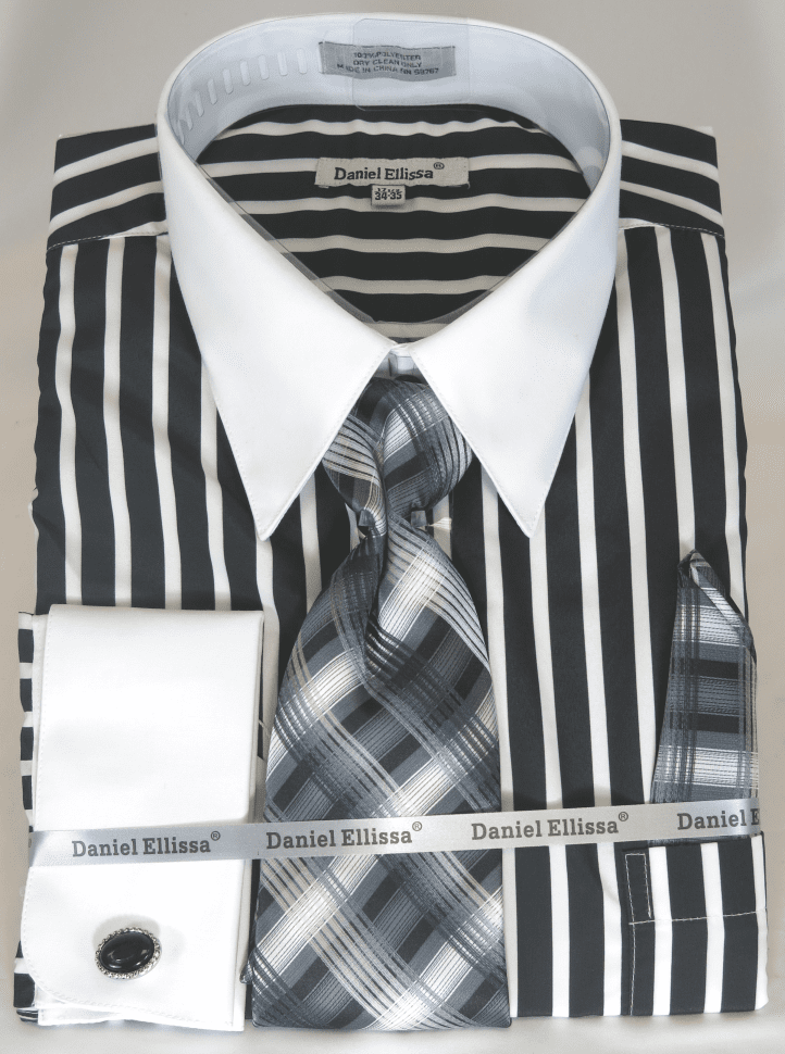 French Cuff Dress Shirt and Tie Set Black White Bold Stripe DS3813P2