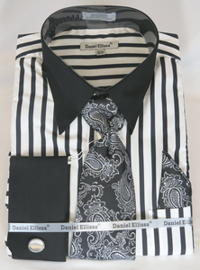 French Cuff Dress Shirt and Tie Set White Black Bold Stripe DS3813P2