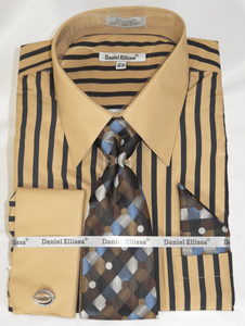 French Cuff Dress Shirt and Tie Set Tan Black Bold Stripe DS3813P2