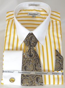 French Cuff Dress Shirt and Tie Set White Gold Bold Stripe DS3813P2