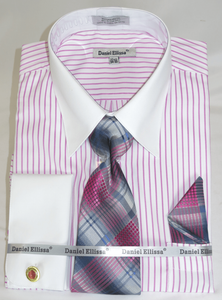 French Cuff Dress Shirt and Tie Set Pink Stripe White Collar DS3814P2