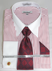 French Cuff Dress Shirt and Tie Set Red Stripe White Collar DS3814P2