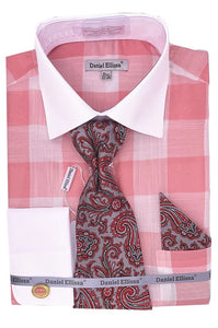 Mens Coral Pink Big Check French Cuff Dress Shirt Tie Set DS3824P2