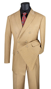Men's Camel Beige Stripe Double Breasted Suit Vinci DSS-4