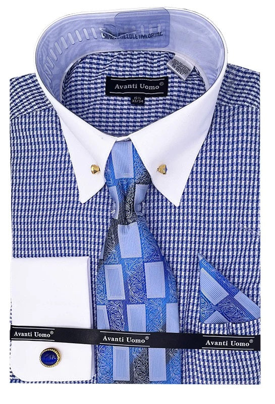 Mens Blue Houndstooth French Cuff Collar Bar Dress Shirt Tie Combo DN101M