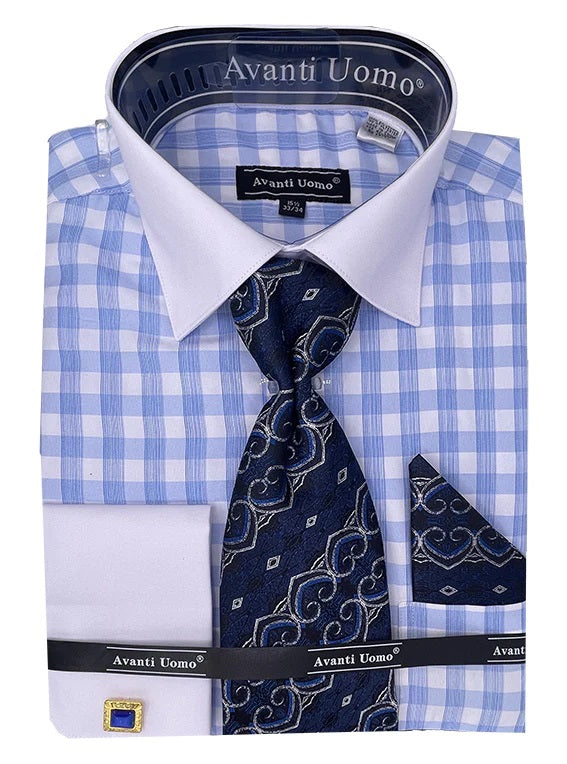 Mens Light Blue Gingham Plaid French Cuff Dress Shirt Tie Set DN106M