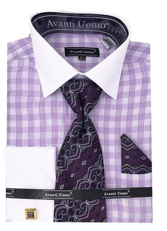 Mens Lilac Gingham Plaid French Cuff Dress Shirt Tie Set DN106M