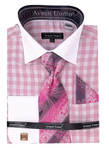 Mens Pink Gingham Plaid French Cuff Dress Shirt Tie Set DN106M Mens Pink Gingham Plaid French Cuff Dress Shirt Tie Set DN106M