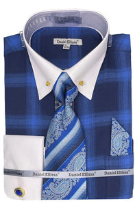 Mens Royal Buffalo Plaid French Cuff Dress Shirt Tie Set White Collar DS3817P2