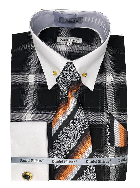 Mens Black Buffalo Plaid French Cuff Dress Shirt Tie Set White Collar DS3817P2