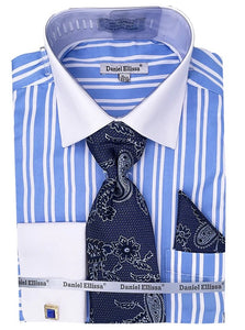 Mens Light Blue Stripe French Cuff Dress Shirt Tie Set DS3823P2