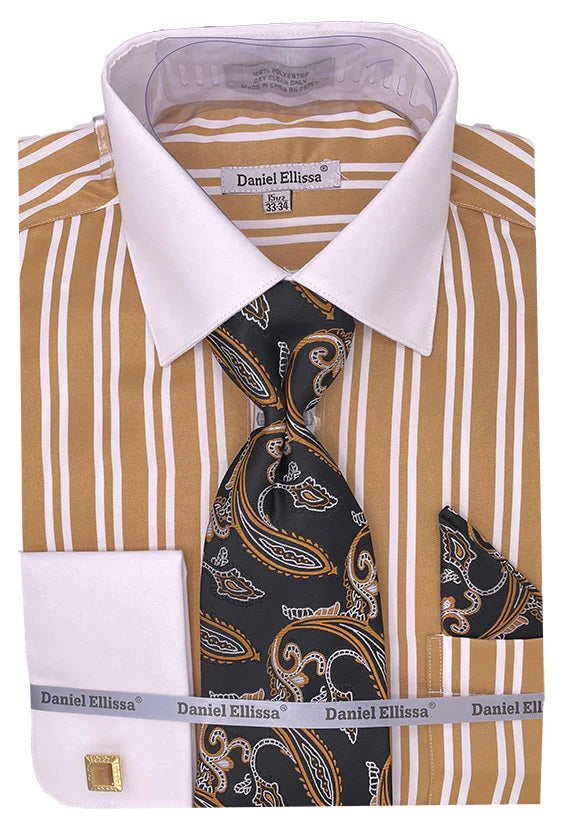 French Cuff Dress Shirt and Tie Set White Gold Bold Stripe DS3813P2