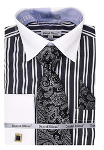 Mens Black Stripe French Cuff Dress Shirt Tie Set DS3823P2 Mens Black Stripe French Cuff Dress Shirt Tie Set DS3823P2