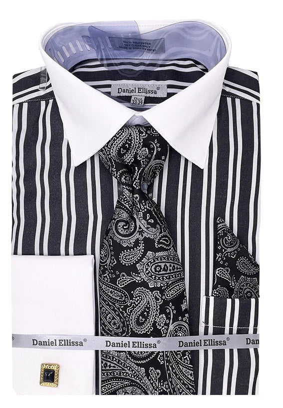 Mens Black Stripe French Cuff Dress Shirt Tie Set DS3823P2