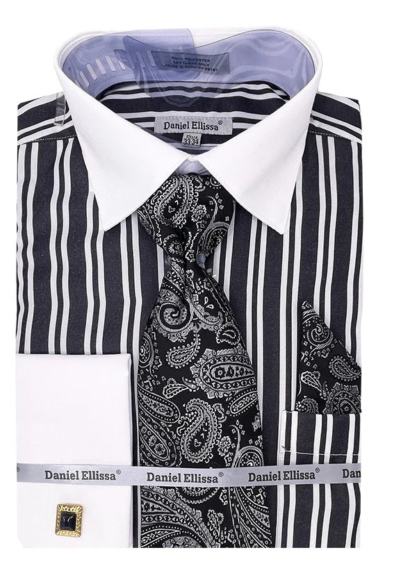 Mens Black Stripe French Cuff Dress Shirt Tie Set DS3823P2 Mens Black Stripe French Cuff Dress Shirt Tie Set DS3823P2