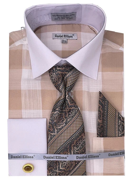 Mens Beige Big Check French Cuff Dress Shirt Tie Set DS3824P2 - 16.5 34/35 Beige Mens Beige Big Check French Cuff Dress Shirt Tie Set DS3824P2 - 16.5 34/35 Beige