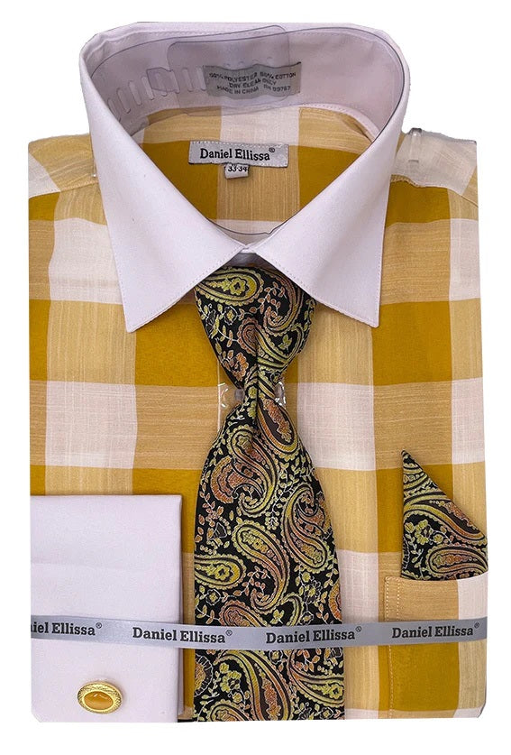 Mens Mustard Big Check French Cuff Dress Shirt Tie Set DS3824P2