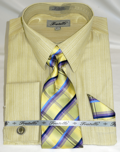 French Cuff Dress Shirt and Tie Set Banana Yellow Fine Stripe FRV4152