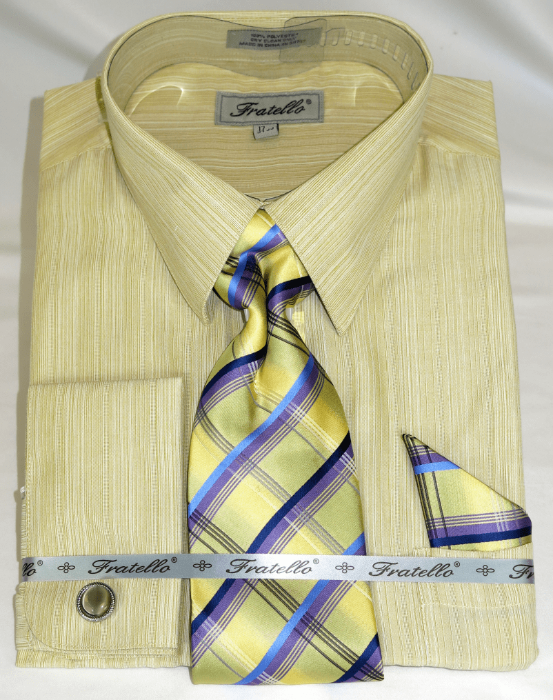 French Cuff Dress Shirt and Tie Set Banana Yellow Fine Stripe FRV4152