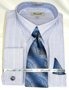French Cuff Dress Shirt and Tie Set Blue Fine Stripe FRV4152