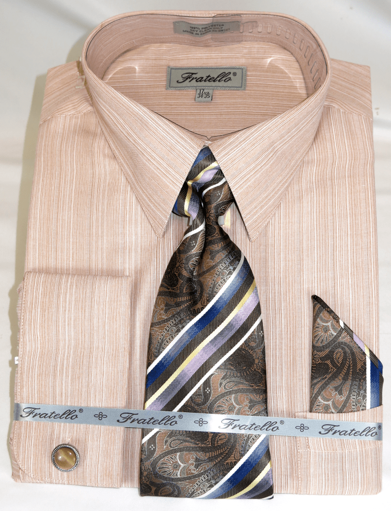 French Cuff Dress Shirt and Tie Set Tan Fine Stripe FRV4152