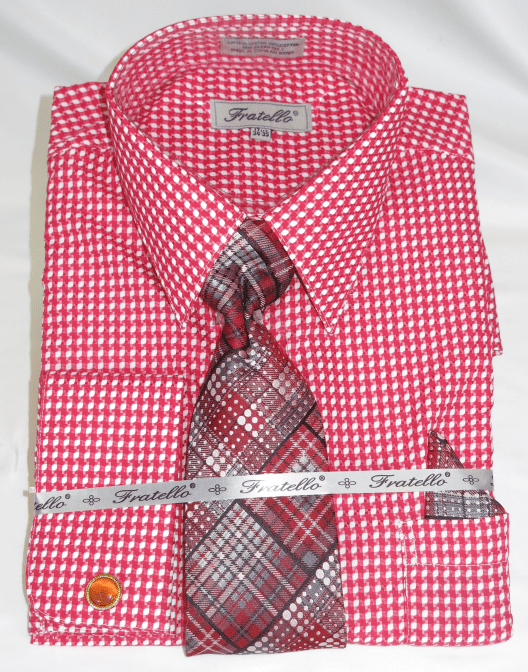 French Cuff Shirt and Tie Combo Red Houndstooth Pattern FRV4153