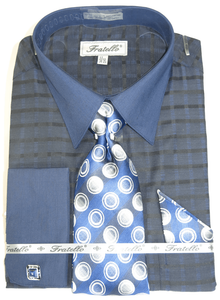 French Cuff Dress Shirt and Tie Set Navy Blue Plaid FRV4154