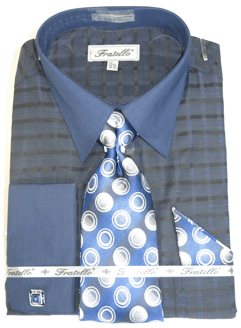 French Cuff Dress Shirt and Tie Set Navy Blue Plaid FRV4154