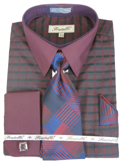 French Cuff Dress Shirt and Tie Set Wine Plaid FRV4154