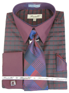 French Cuff Dress Shirt and Tie Set Wine Plaid FRV4154