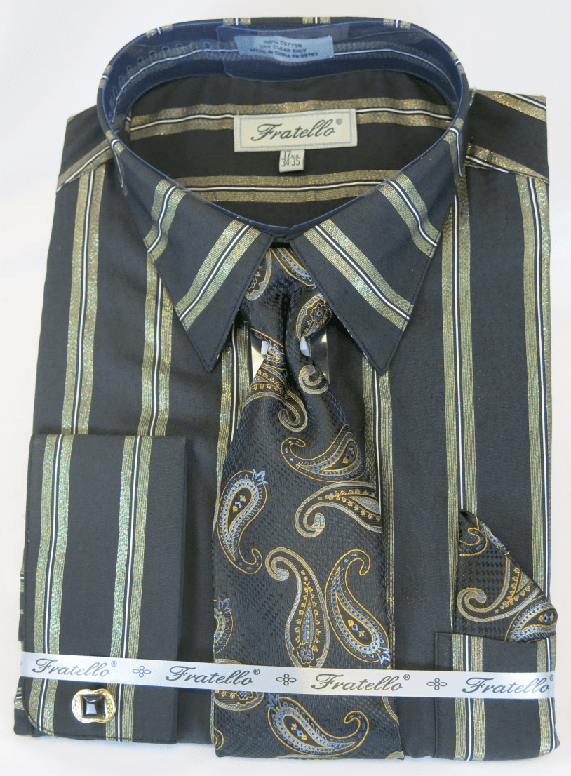 French Cuff Dress Shirt and Tie Set Black Verticle Stripe FRV4155