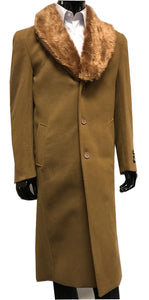 Falcone Mens Camel Brown Fur Collar Coat Overcoat Calf Length Vance 4150-068