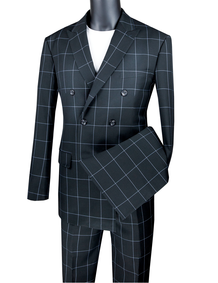 Men's Modern Fit Black Double Breasted Suit Windowpane MDW-1