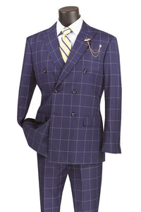Men's Modern Fit Blue Double Breasted Suit Windowpane Tailored MDW-1