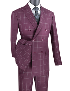 Men's Modern Fit Wine Double Breasted Suit Windowpane Tailored MDW-1