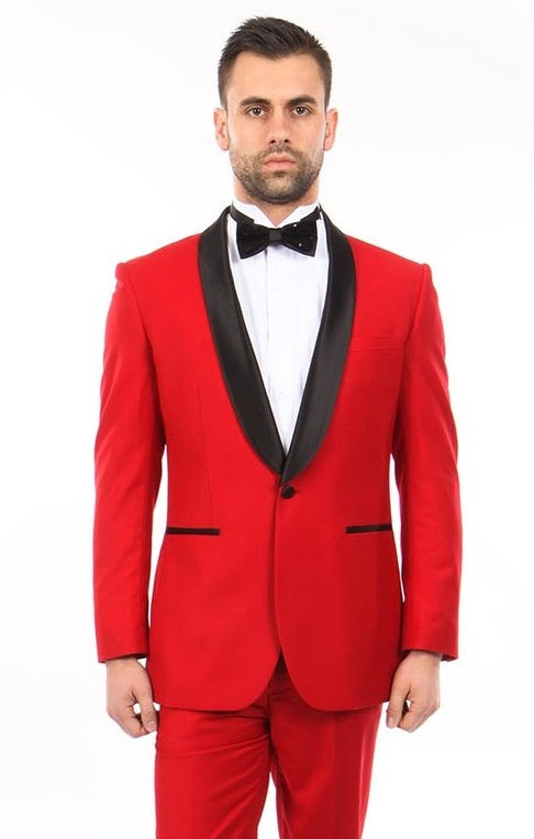 Men's Slim Fit Prom Tuxedo Red Black Lapel Skinny Tux MT146S-07