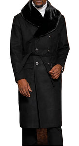 Manzini Men's Black Fur Collar Double Breasted Wool Overcoat MZW322