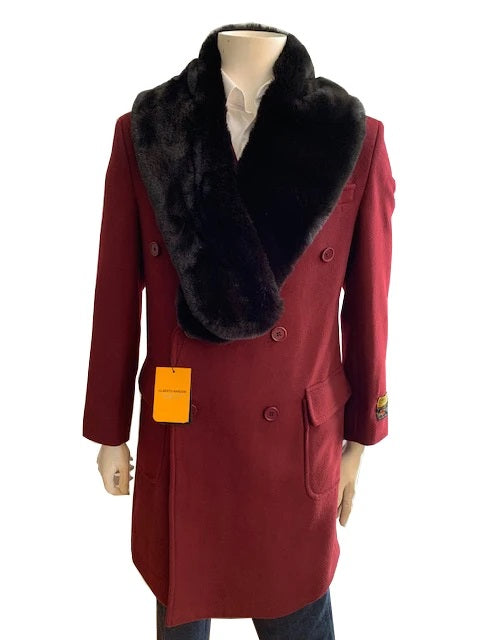 Men's Double Breasted Fur Collar Wool Cashmere Overcoat Burgundy Manhattan IS