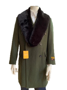 Men's Double Breasted Fur Collar Wool Cashmere Overcoat Olive Manhattan IS