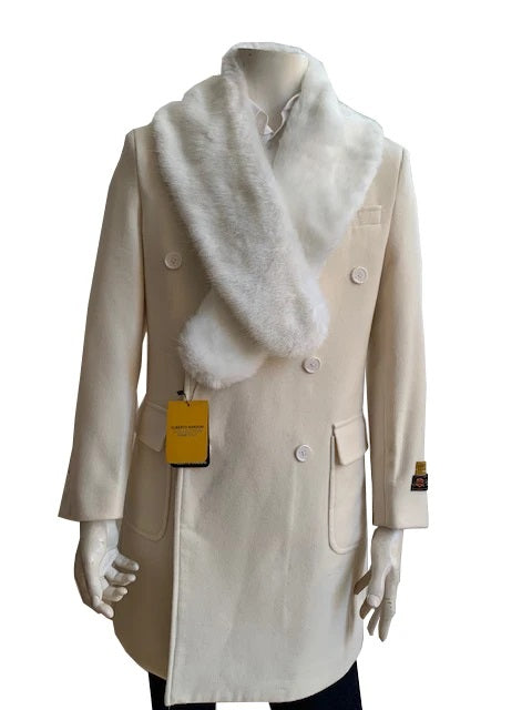 Men's Double Breasted Fur Collar Wool Cashmere Overcoat Off White Manhattan IS