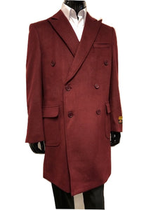 Men's Double Breasted Fur Collar Wool Cashmere Overcoat Burgundy Manhattan IS
