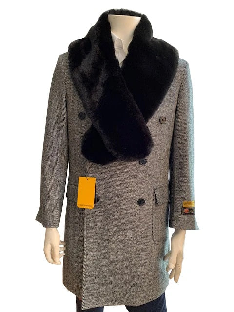 Men's Double Breasted Fur Collar Wool Cashmere Overcoat Herringbone Manhattan IS