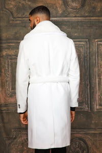 Manzini Men's White Fur Collar Double Breasted Wool Overcoat MZW322